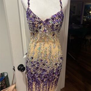 Faviana Purple and Cream Sequin Gown